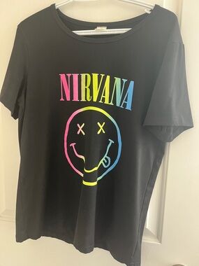 NIRVANA Black Tee with Pink, Yellow & Blue Gradient Logo